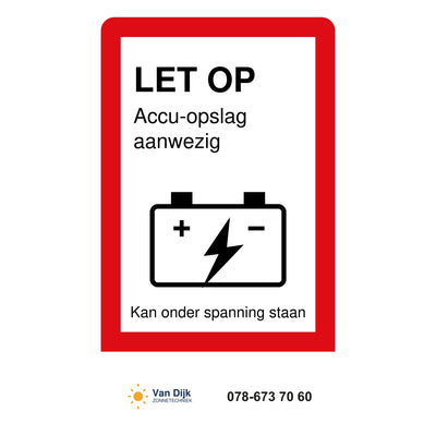 Accu-sticker 35 x 60 mm met het waarschuwingsplaatje bovenaan en het logo onderin