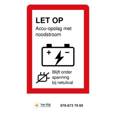 Noodstroom-sticker 35 x 60 mm met het waarschuwingsplaatje bovenaan en het logo onderin