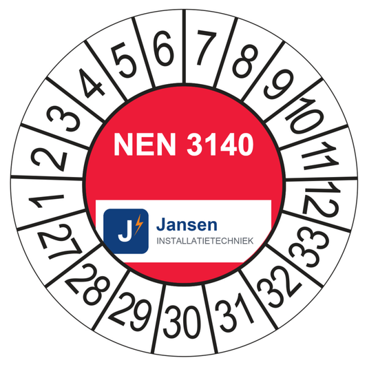 Voorbeeld: ronde keuringssticker 35 mm met eigen logo en keuringstekst, rood middenvlak, jaarreeks 2027-2033
