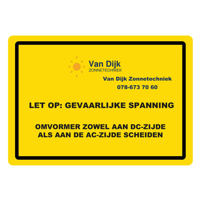 Waarschuwingssticker omvormer scheiden 74 x 52 mm met een eigen kleur voor de onderste tekstregel