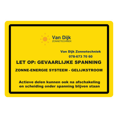 Waarschuwingssticker zonne-energie gelijkstroom 74 x 52 mm met een eigen kleur voor de onderste tekstregel