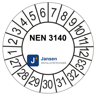 Voorbeeld: ronde keuringssticker 35 mm met eigen logo en keuringstekst, witte uitvoering, jaarreeks 2027-2033