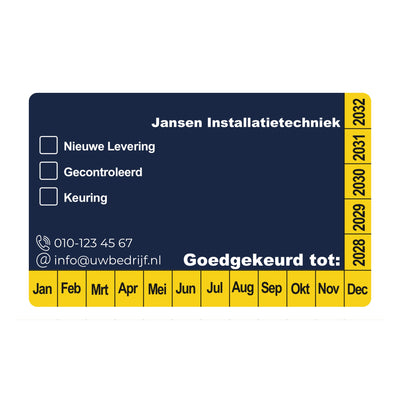 Keuringssticker 8x5 cm, donkerblauw met eigen bedrijfsnaam in plaats van een logo
