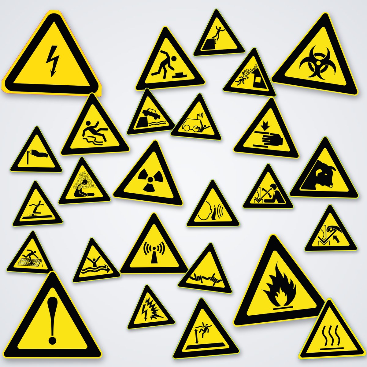 Verzameling waarschuwingsstickers: gele driehoekige ISO 7010 pictogramstickers van Ricard